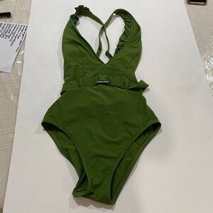 Skinny Dippers Belted One Piece Swimsuit Small – Olive Green Ruffle Strap Cinche